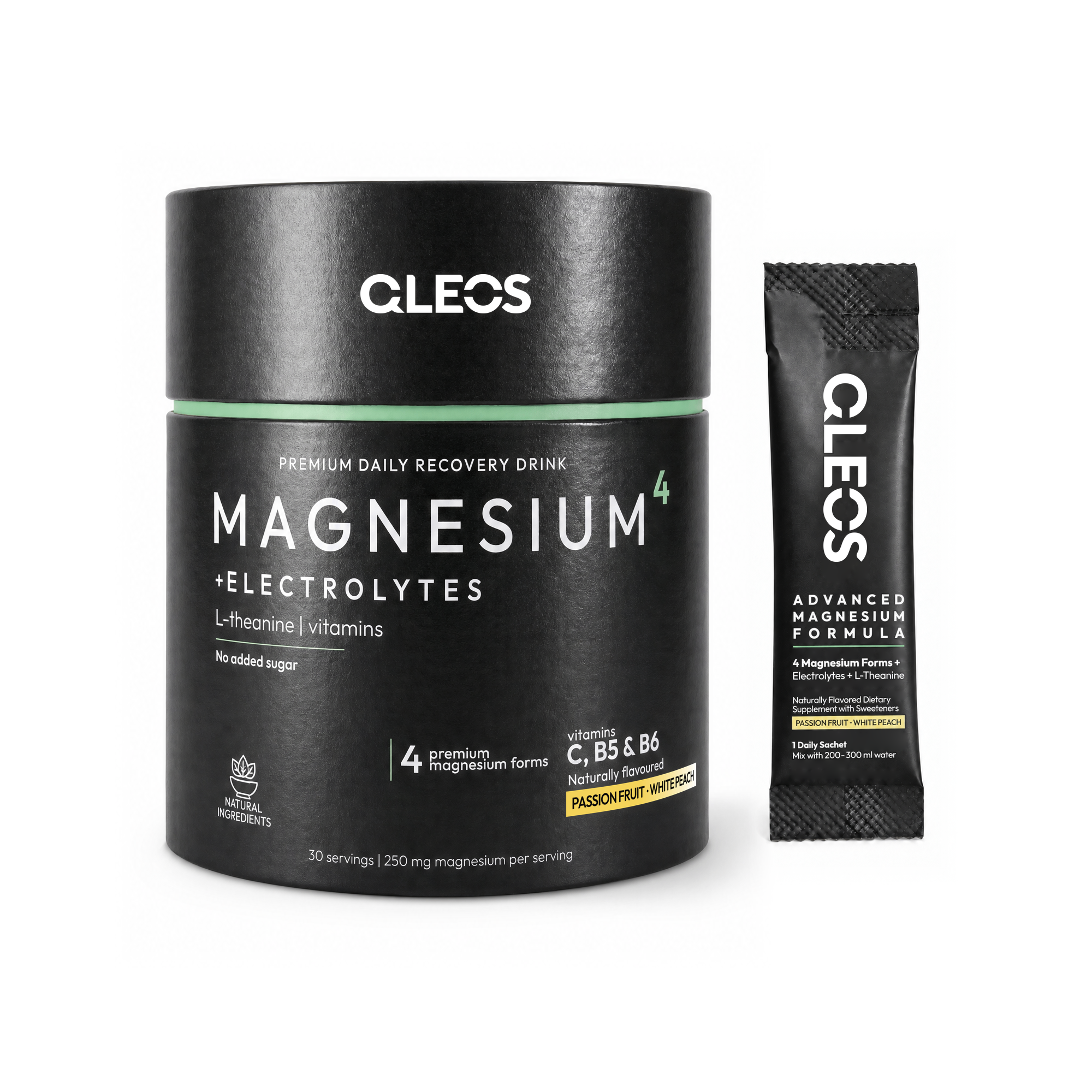 QLEOS Magnesium⁴ + Electrolytes tube and single sachet, front view