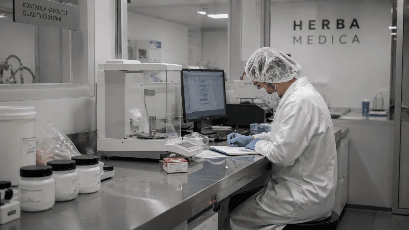 Quality-control technician documenting measurements beside an analytical balance