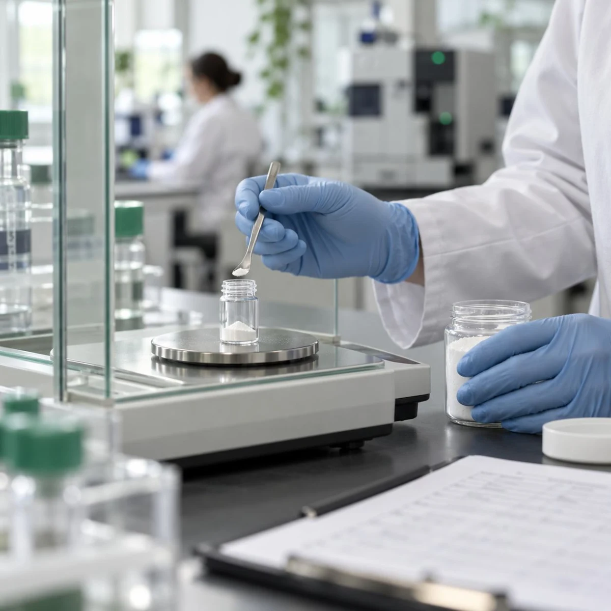 Laboratory technician weighing a powder sample