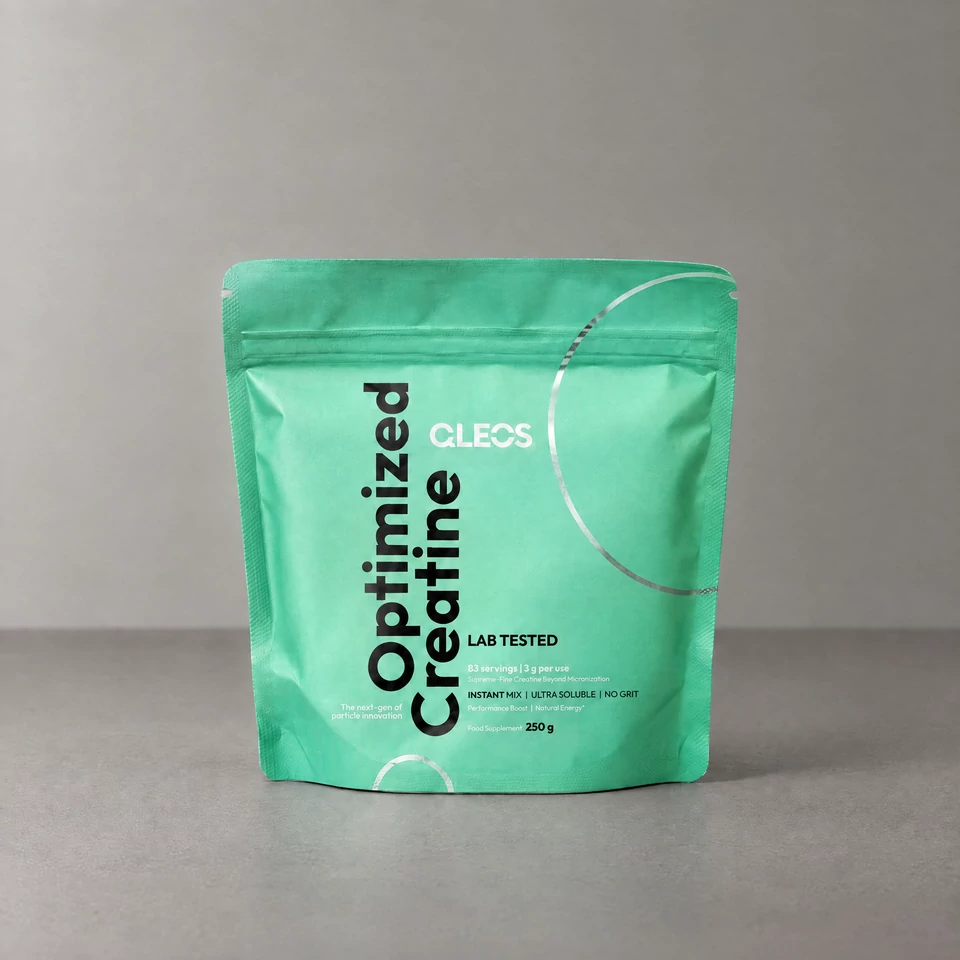 QLEOS Optimized Creatine LAB TESTED pouch on a light grey studio background