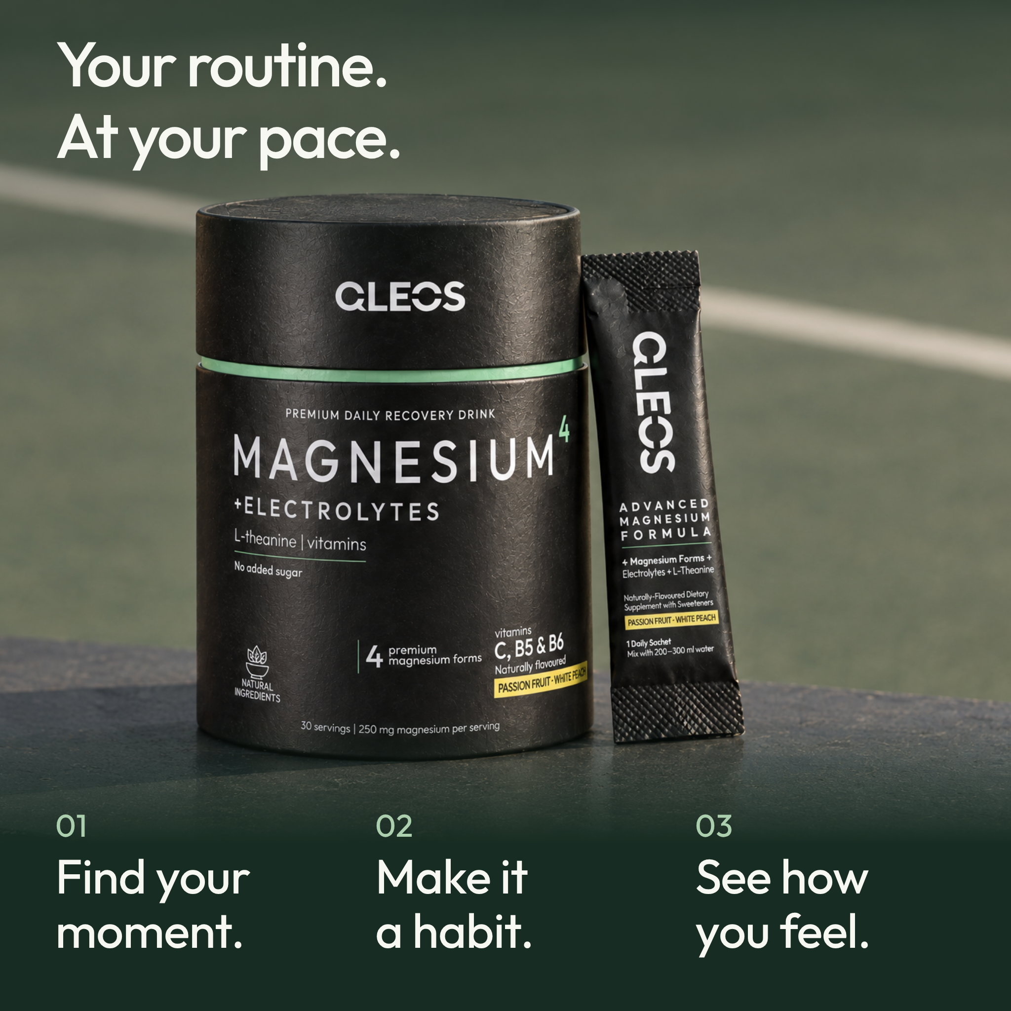 QLEOS Magnesium4 tube and sachet on a sports bench. Your routine. At your pace. Find your moment, make it a habit, see how you feel.