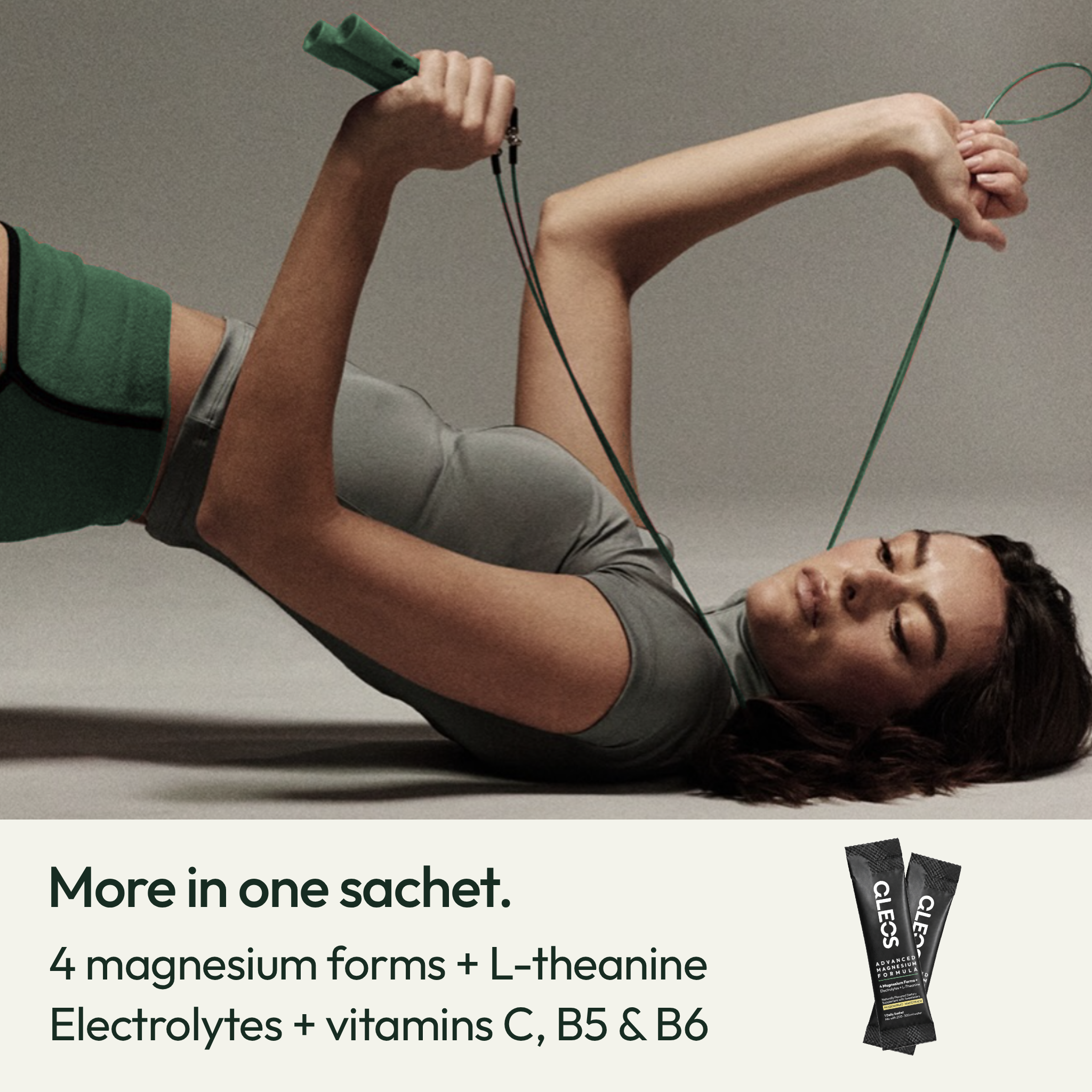 QLEOS Magnesium4 sachets: four magnesium forms, L-theanine, electrolytes and vitamins C, B5 and B6, alongside a sports photograph of a woman with a skipping rope.