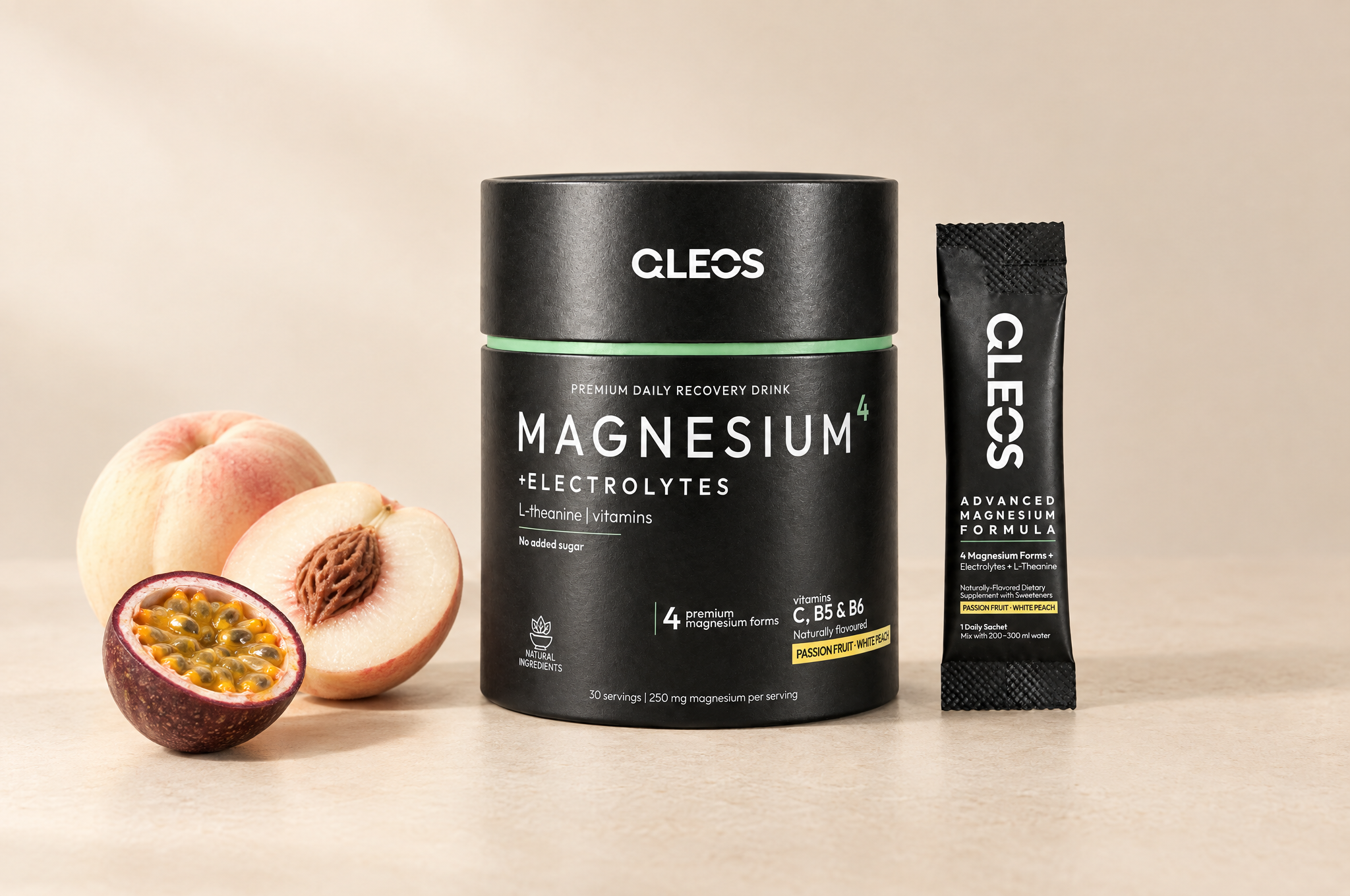 QLEOS Magnesium⁴ + Electrolytes tube and sachet beside white peach and passion fruit